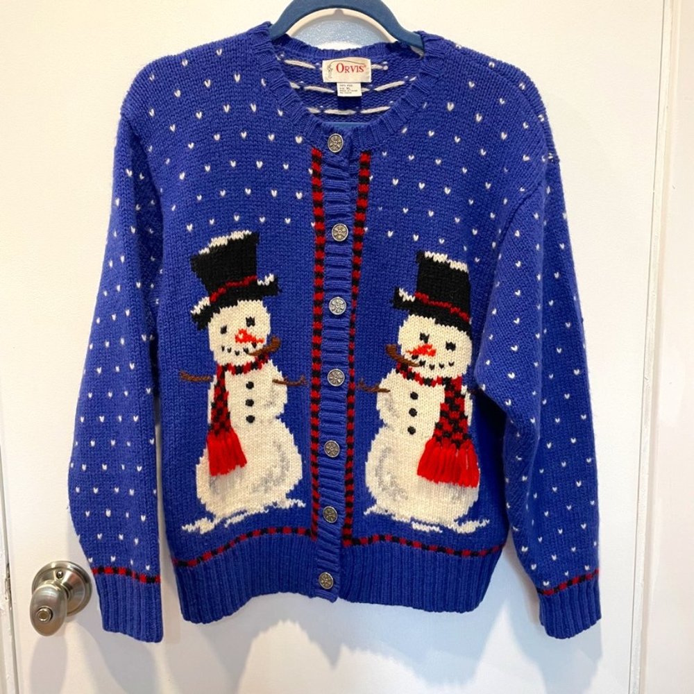 Orvis Blue Snowman Cardigan Sweater Vintage
